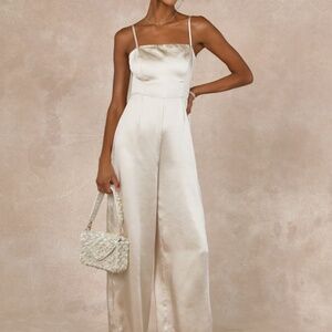 Lulus Stylish Brilliance Champagne Satin Sleeveless Wide-leg Jumpsuit White